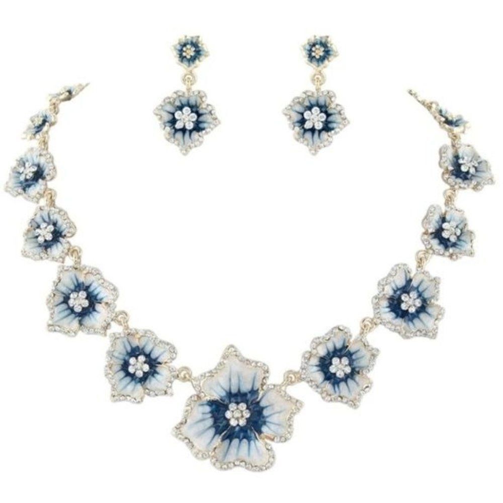 Yellow Gold and Blue Austrian Crystal Hibiscus Flower Necklace & Earrings Set
